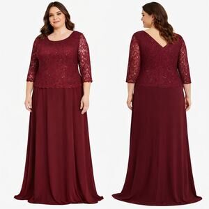 May Queen Burgundy Lace Sequin Chiffon Formal Gown 3XL NWT